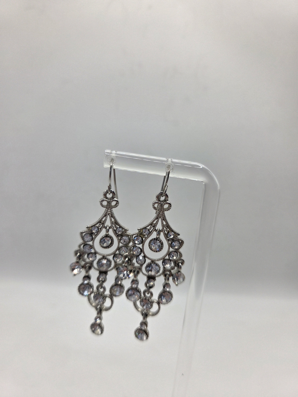 Jim Ball Designs Openwork Filigree Rhinestone Crystal Chandelier Dangle Earrings